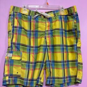 Chaps Men’s Yellow Plaid Swim Board Shorts with Multicolor Stripes